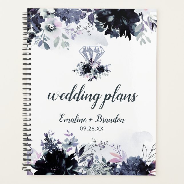 Nocturnal Floral Watercolor Chic Wedding Plans Planner (Front)