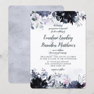 Nocturnal Floral Watercolor Dusty Blue Wedding Invitation