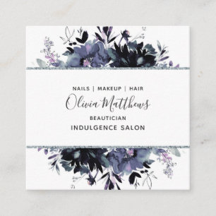 Nocturnal Floral Watercolor Navy Blue Grey Framed Square Business Card