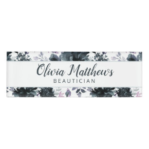 Nocturnal Floral Watercolor Navy Blue Name Tag