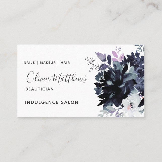 Nocturnal Floral Watercolor Navy Blue Social Business Card (Front)