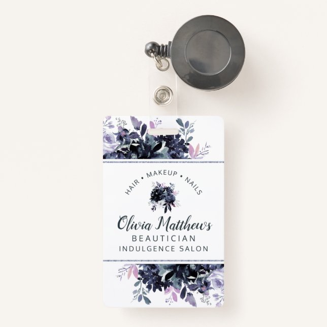 Nocturnal Floral Watercolor Navy Custom Business ID Badge (Front with Retractable)