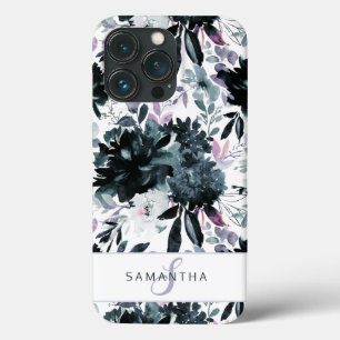 Nocturnal Floral Watercolor Navy Custom Monogram iPhone 13 Pro Case