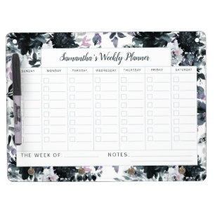 Nocturnal Floral Watercolor Weekly To-Do Planner Dry Erase Board With Key Ring Holder