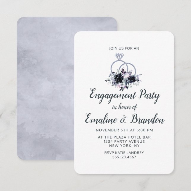 Nocturnal Floral Wedding Rings Engagement Party Invitation (Front/Back)