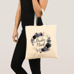 Nocturnal Floral Wreath Elegant Bridesmaid Tote Bag<br><div class="desc">Nocturnal Floral Watercolor Lush Flower Design with Hand Painted Stems, Vines, Leaves, Foliage. Colorful Navy blue, Dusty blue, Dark almost Black Gray, and hints of Mauve pink. With Hand Drawn Line elements, Swirly Chic Hand Lettered Brush Script Fonts and Elegant Floral Wreath - Bridesmaid Tote Bags! ~ Check my shop...</div>