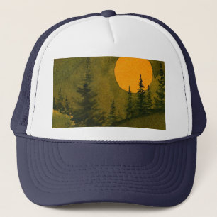Nocturnal full moon behind a row of pine trees trucker hat