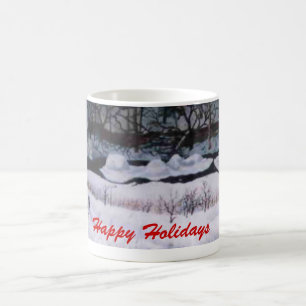 Nocturnal stream flows through woods & winter snow coffee mug