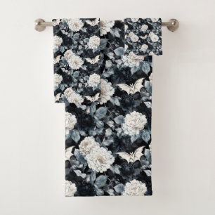 Nocturne Bloom – Bats & Blossoms in Monochrome  Bath Towel Set