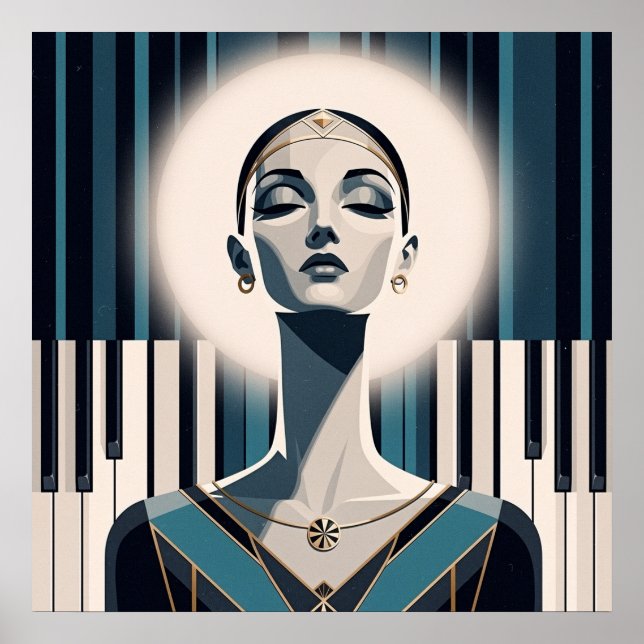 Nocturne in Teal: Art Deco Piano Portrait  Poster (Front)