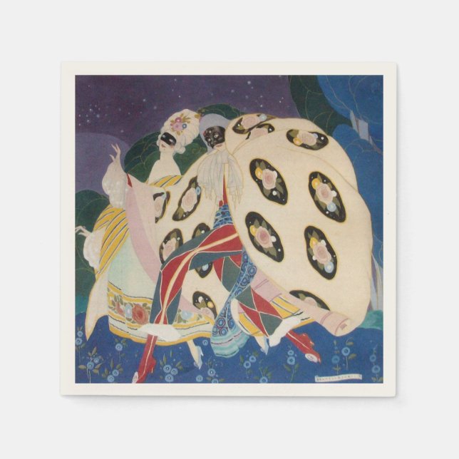 NOCTURNE WITH MASKS / Art Deco Venetian Masquerade Napkin (Front)