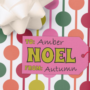 Noel 1970s Retro Lettering Pink and Lime Christmas Gift Tags
