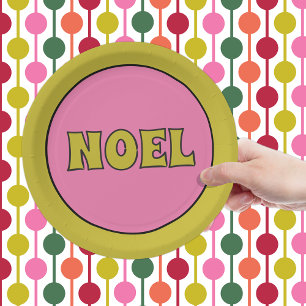 Noel 1970s Retro Lettering Pink and Lime Christmas Paper Plate