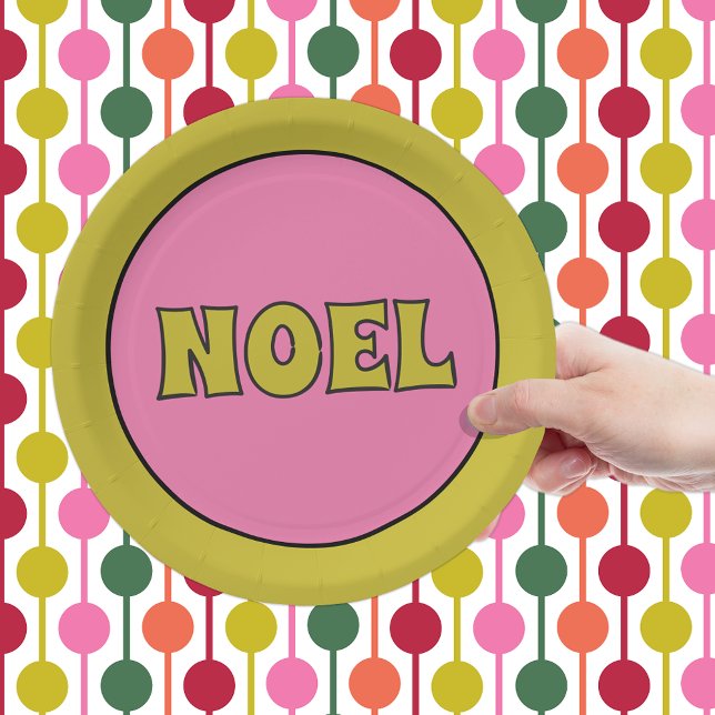 Noel 1970s Retro Lettering Pink and Lime Christmas Paper Plate (Creator Uploaded)