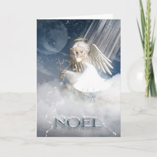 NOEL, Angel Blowing Snow Over The World Holiday Card