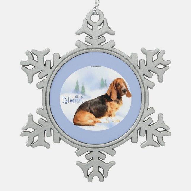 Noel Basset Hound Keychain Snowflake Pewter Christmas Ornament (Front)