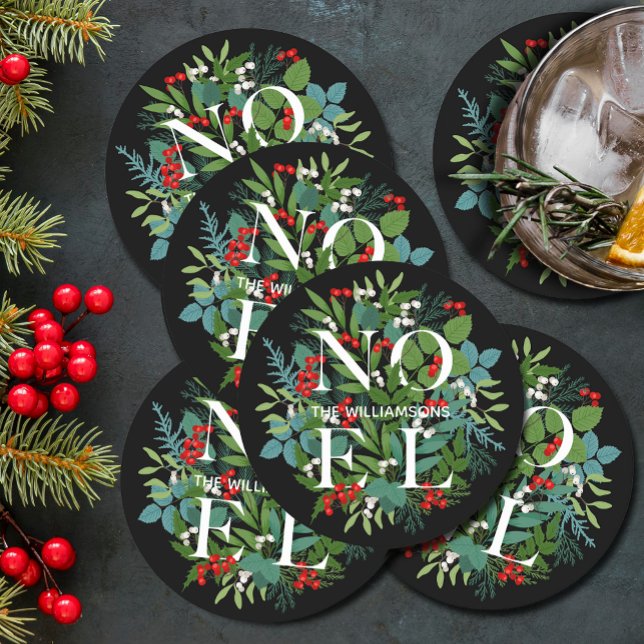 NOEL Berries Greenery Black Holiday Round Paper Coaster (NOEL winter greenery and berries on black holiday round paper coasters)