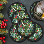 NOEL Berries Greenery Black Holiday Round Paper Coaster<br><div class="desc">The word NOEL among winter leaves and berries on a black background (or any colour),  these paper coasters are elegant for any holiday Christmas occasion. MATCHING items in our store.</div>