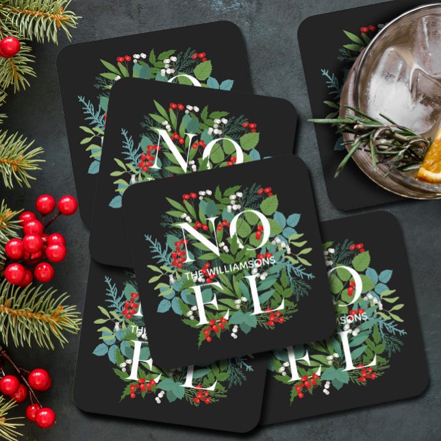 NOEL Berries Greenery Holiday Black Square Paper Coaster (NOEL winter greenery and berries on black holiday square paper coasters)