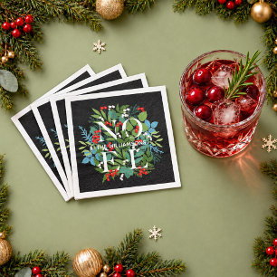NOEL Berries Greenery Personalised Black Christmas Napkin