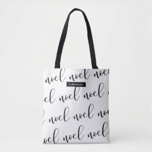 Noel Black and White Christmas Script with Name Tote Bag
