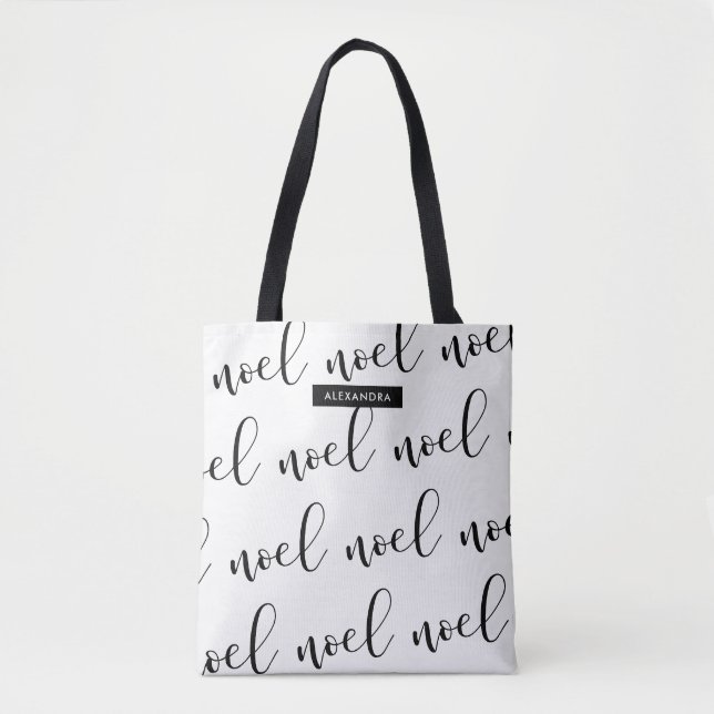 Noel | Black and White Christmas Script with Name Tote Bag (Front)