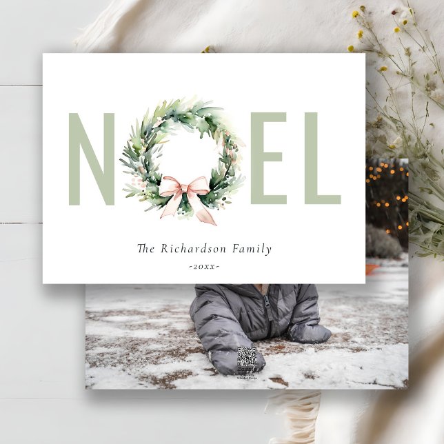 Noel Blush Green Christmas Wreath Photo Holiday Card (Creator Uploaded)