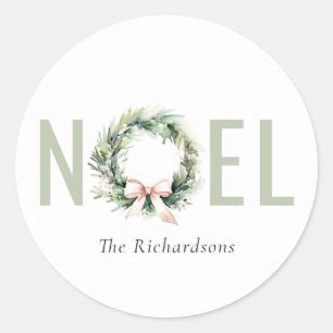 Noel Blush Green Christmas Wreath Watercolor Classic Round Sticker
