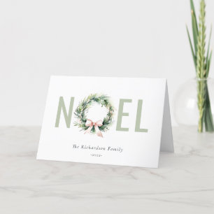 Noel Blush Green Christmas Wreath Watercolor Holiday Card