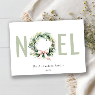 Noel Blush Green Christmas Wreath Watercolor Holiday Card