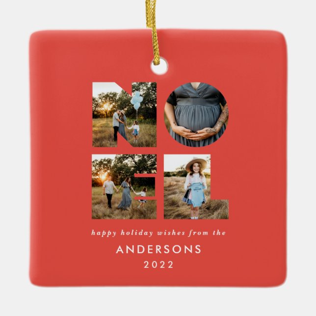 Noel Christmas bold modern 4 photo simple Holiday  Ceramic Ornament (Front)