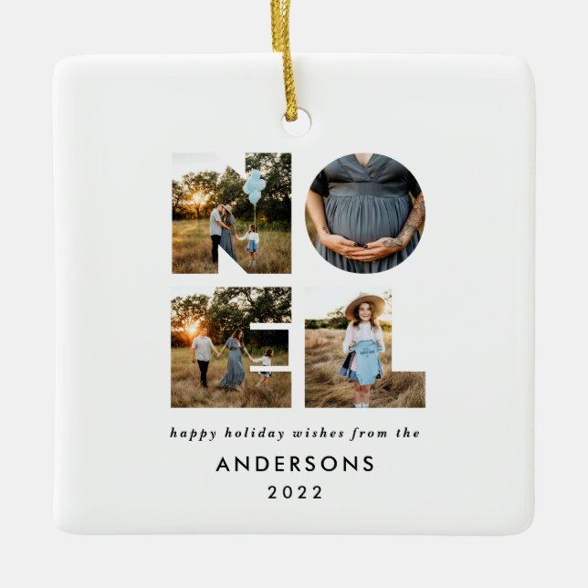 Noel Christmas bold modern 4 photo simple Holiday Ceramic Ornament (Front)