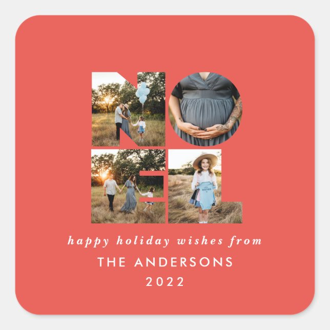 Noel Christmas bold modern 4 photo simple Holiday  Square Sticker (Front)