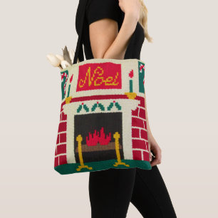 Noel Christmas Fireplace Artisan Crochet  Print    Tote Bag