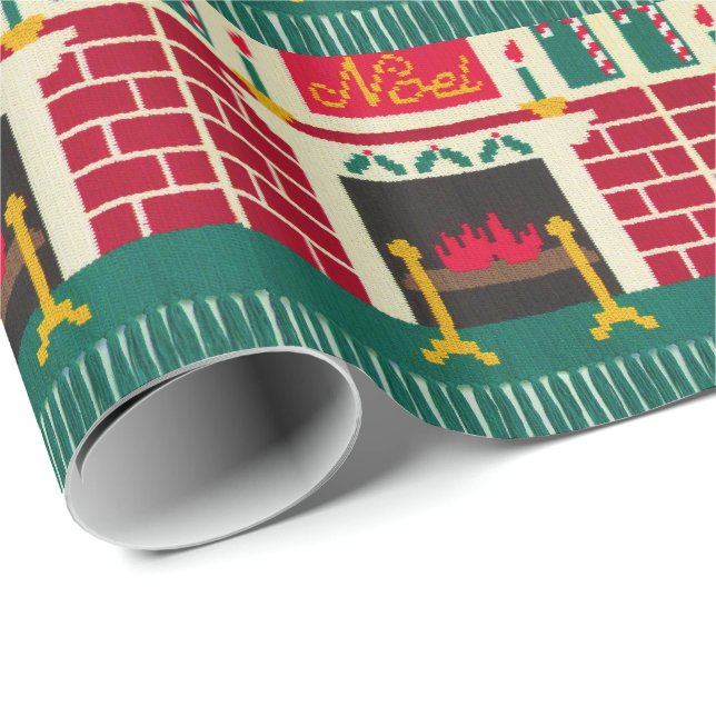 Noel Christmas Fireplace Artisan Crochet Print Wrapping Paper (Roll Corner)