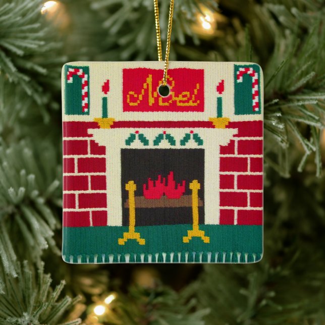 Noel Christmas Fireplace Designer Crochet Print Ceramic Ornament (Tree)