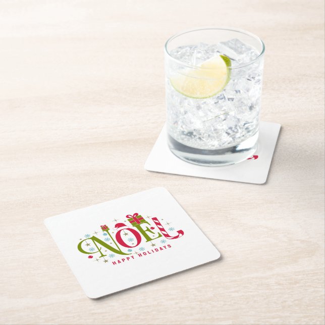 Noel colourful and fun typography resign square paper coaster (Insitu)