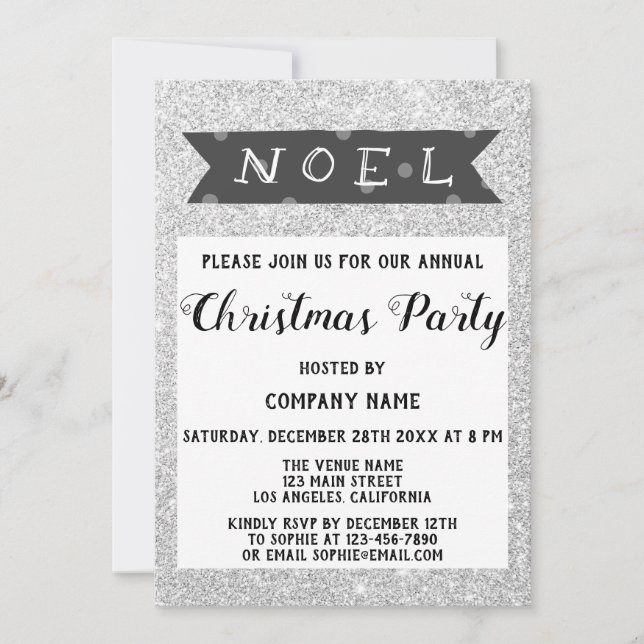 Noel Company Christmas Party Grey Silver Glitter Invitation (Front)