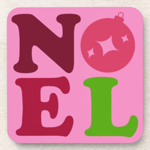 Noel Cute Mid-Century Christmas Pink and Green Coaster
