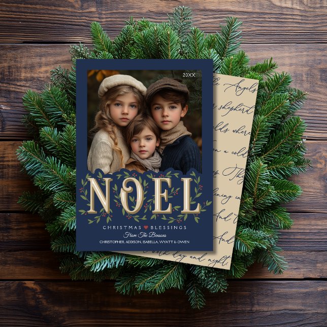 Noel Elegant Blue Photo Christmas Card (Shown on a 5" x 7" card)