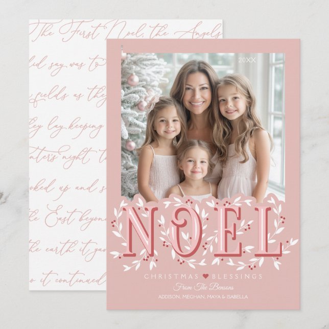Noel Elegant Blush Pink Photo Christmas Card (Front/Back)