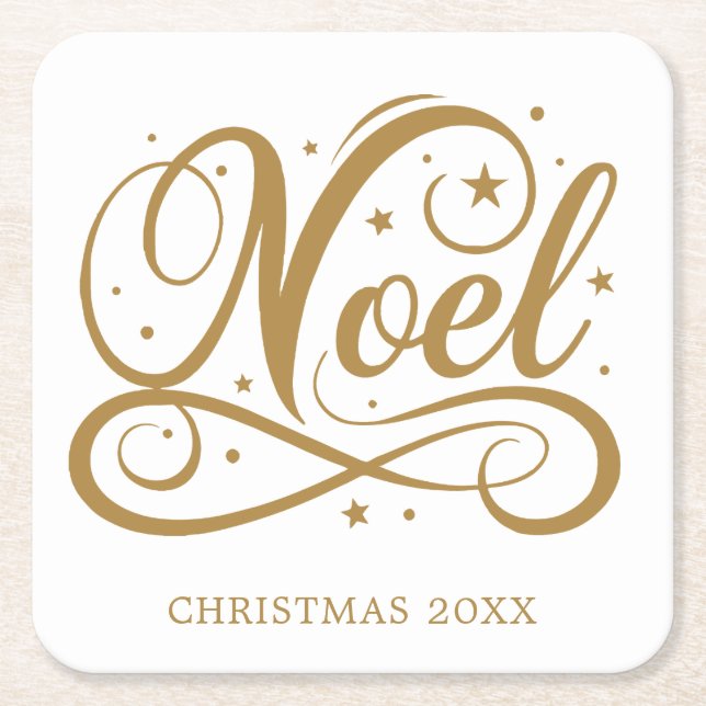 Noel Elegant Gold Script Christmas Holiday Square Paper Coaster (Front)