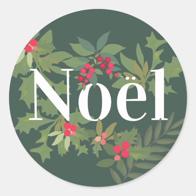 Noel evergreen leaves and berries holiday classic round sticker (Front)