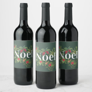Noel evergreen leaves and berries holiday wine label
