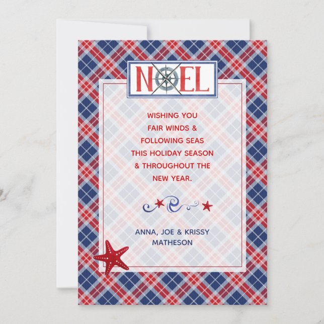 Noel Fair Winds Nautical Red Blue Plaid Christmas Holiday Card (Front)
