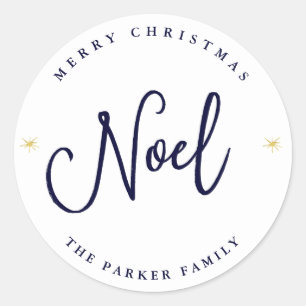 Noel Gold Stars on Christmas Blue and White Classic Round Sticker
