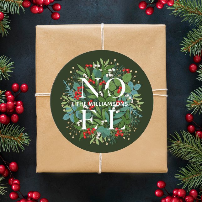 NOEL Greenery and Berries Classic Round Sticker (Creator Uploaded)