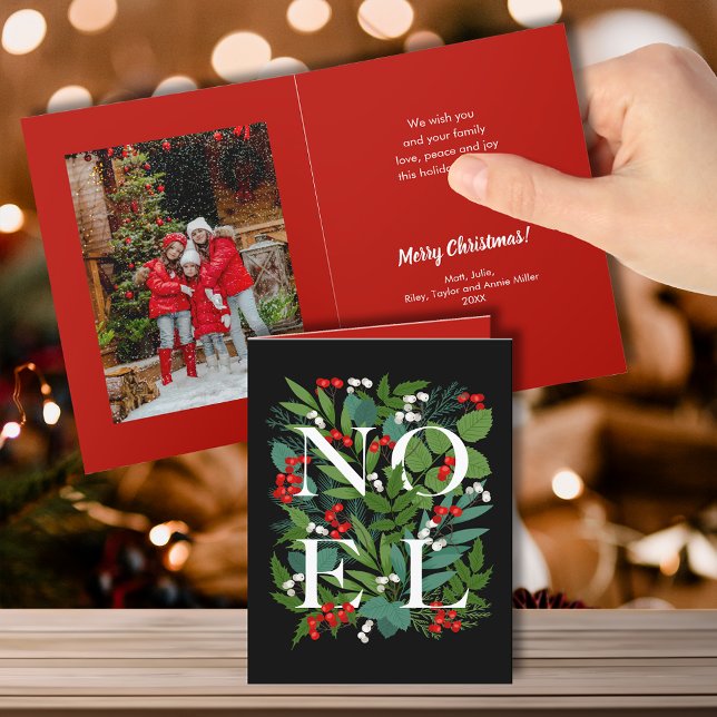 NOEL Greenery and Berries Folded Photo Holiday Card (Creator Uploaded)