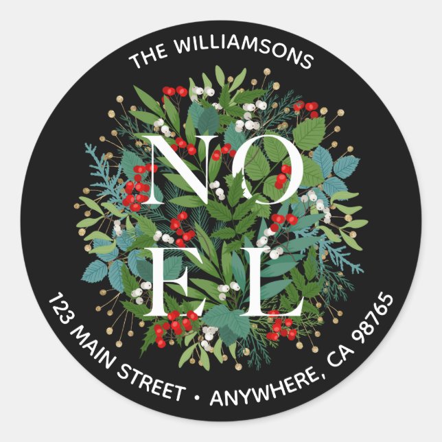 NOEL Greenery Berries Christmas Address Classic Round Sticker (Front)