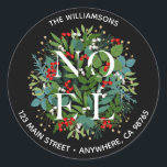 NOEL Greenery Berries Christmas Address Classic Round Sticker<br><div class="desc">Personalised round stickers feature the word NOEL among elegant leaves and red,  white and gold berries with your name and address in chic white lettering curved around the edges. MATCHING items in our store.</div>